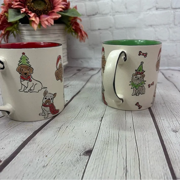 NWT ELI + ANA crimson holiday 21oz mug set Festive Dog-Themed hand painted - Picture 6 of 8